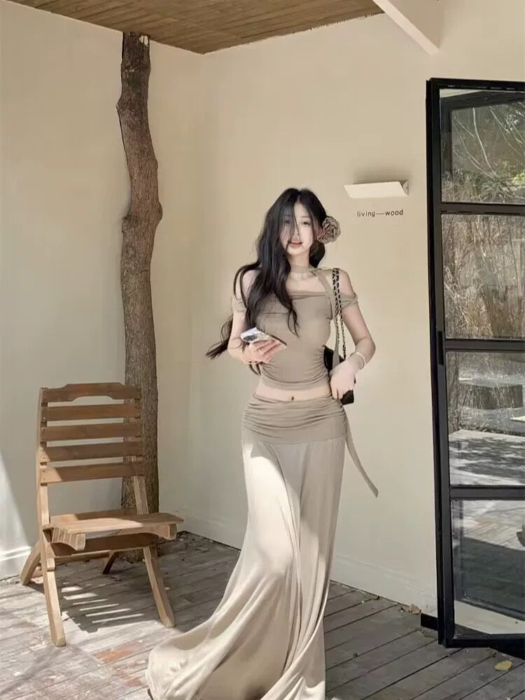 Milk Tea Off Shoulder Top + Long Skirt + Strap Three Pieces Set