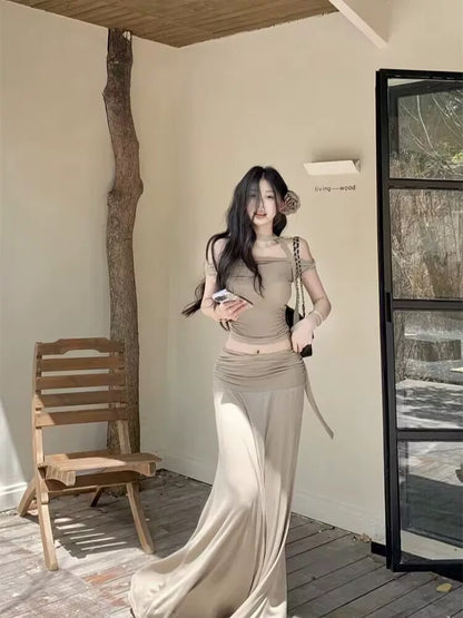 Milk Tea Off Shoulder Top + Long Skirt + Strap Three Pieces Set