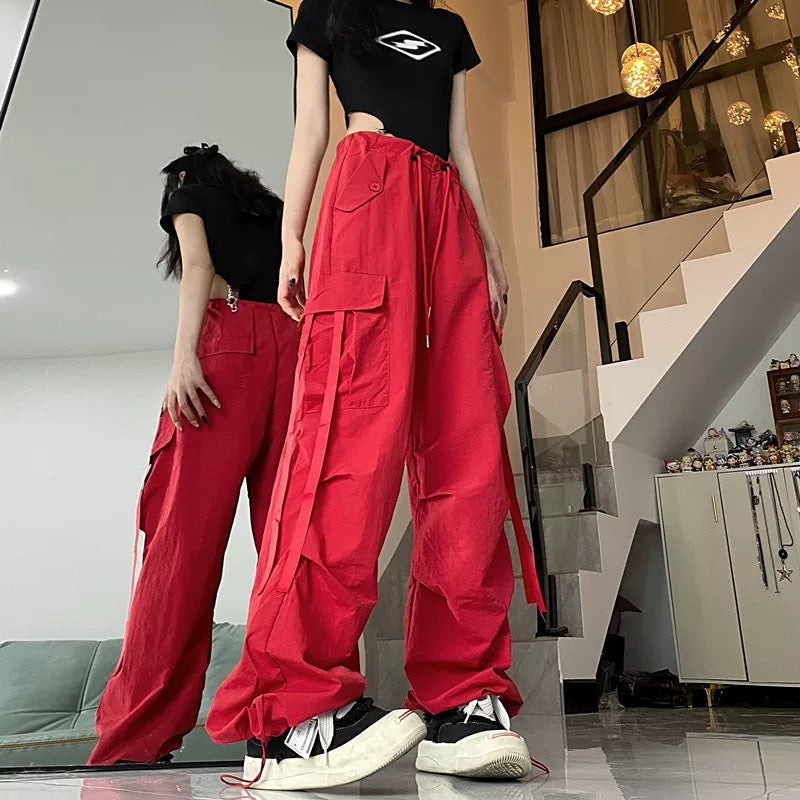 High Waist Strap Cargo Long Pants (Red, Black)