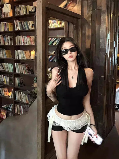 Round Neck Black Mesh Collar Top