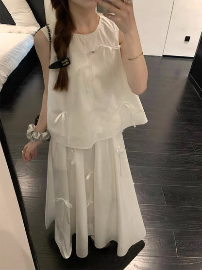 White Ribbons Sleeveless White Top + Skirt Two Piece Set
