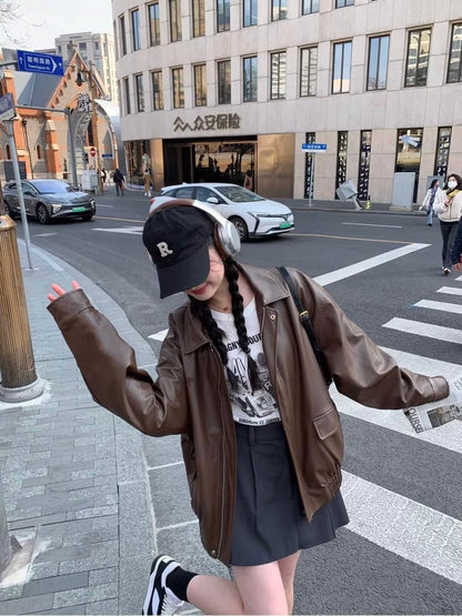 Thin PU Leather Oversize Jacket (Brown)
