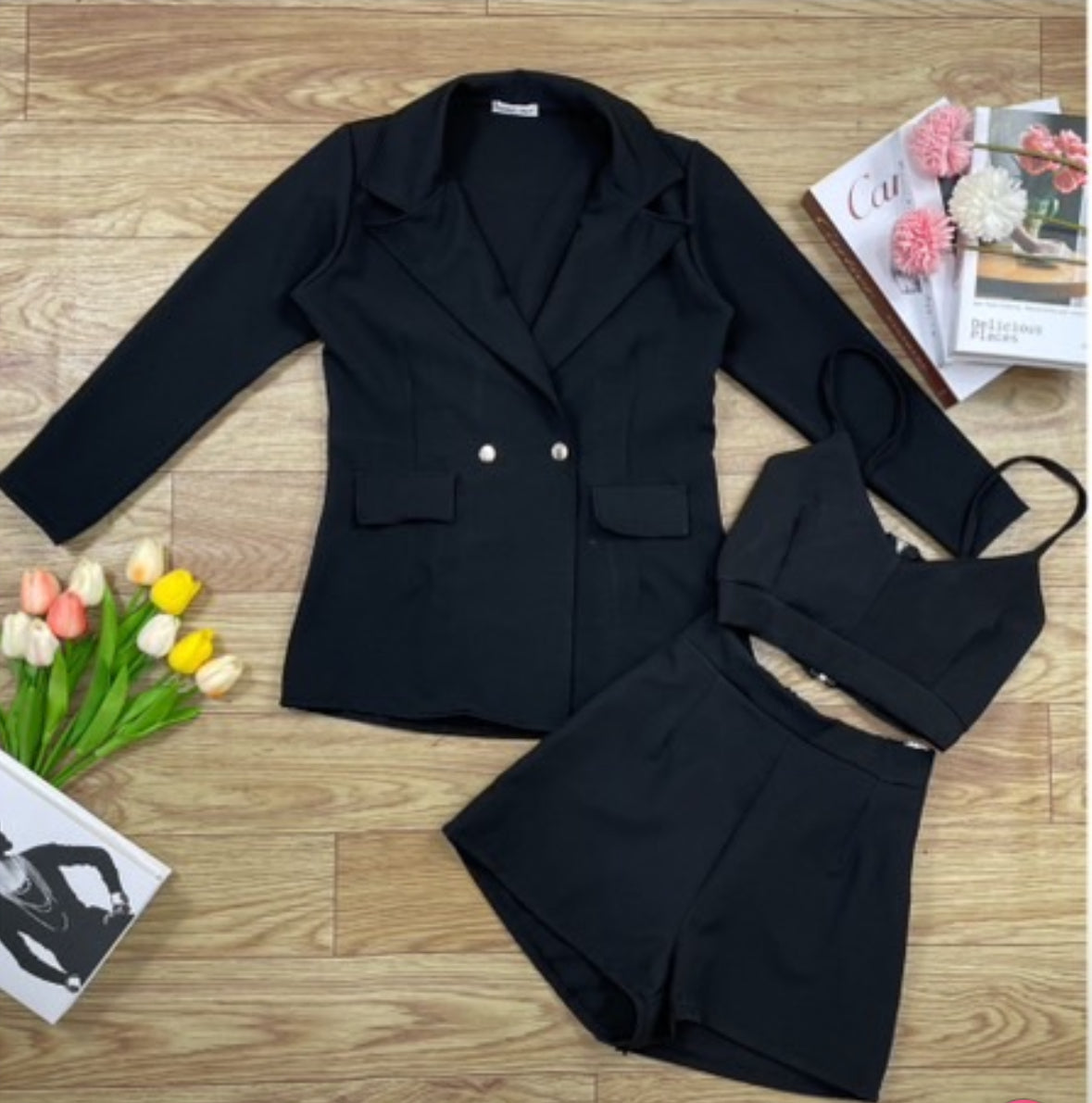Top + Cardigan + Short Three Piece Set (Blue, Black)