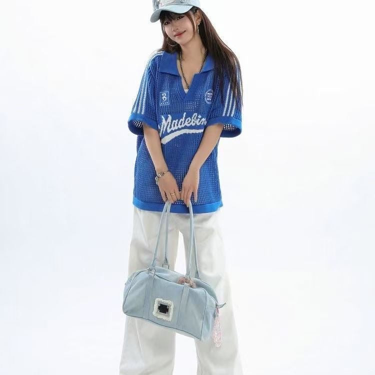 Knitted Ball Top (Cream White, Blue)