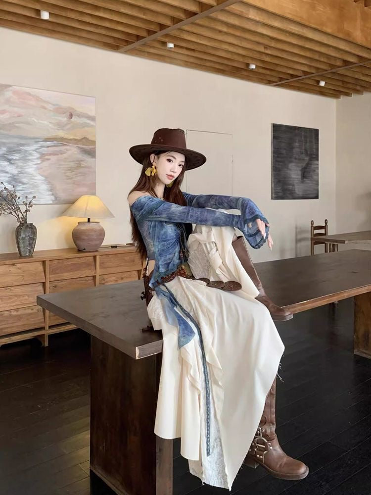 Creamy Unequal Mix Lace Long Skirt