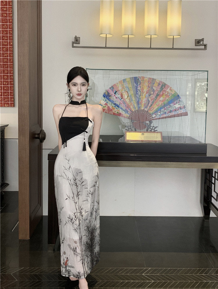 Black &amp; White Cheongsam Long Dress (S, M)