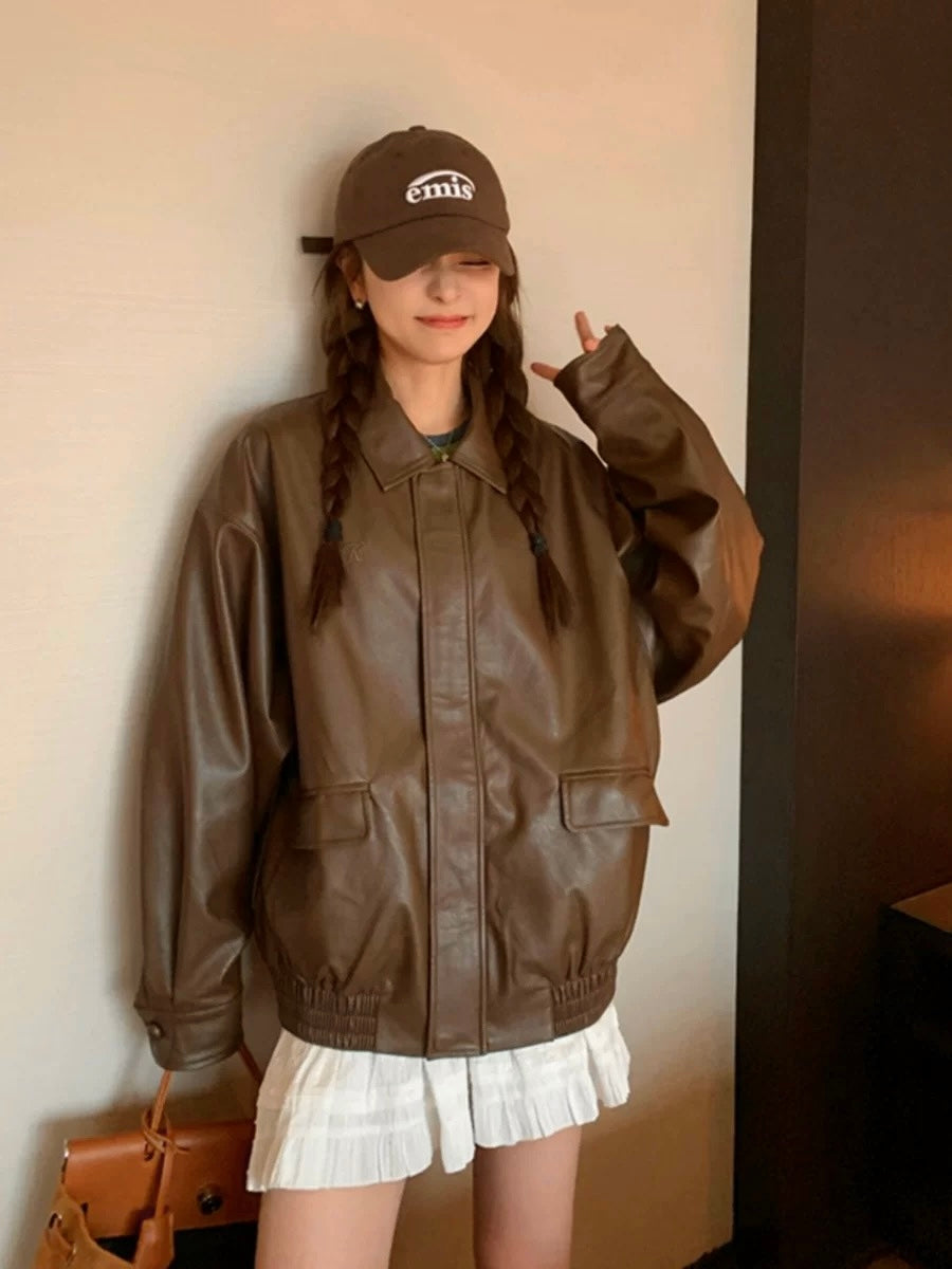 Thin PU Leather Oversize Jacket (Brown)