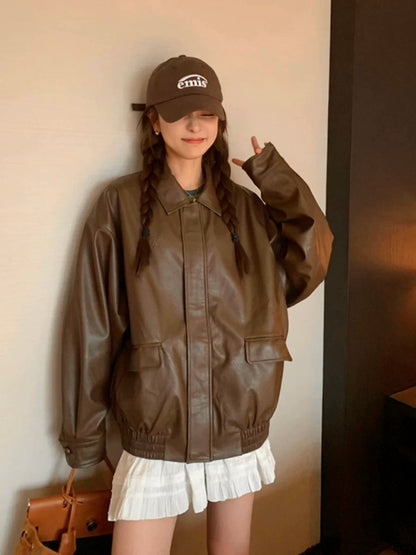 Thin PU Leather Oversize Jacket (Brown)