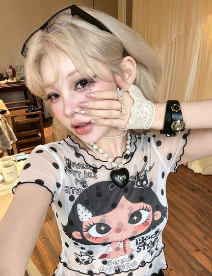 Black Dot White Mesh Top
