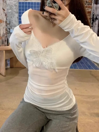 White Butterfly Mesh Long Sleeve Top