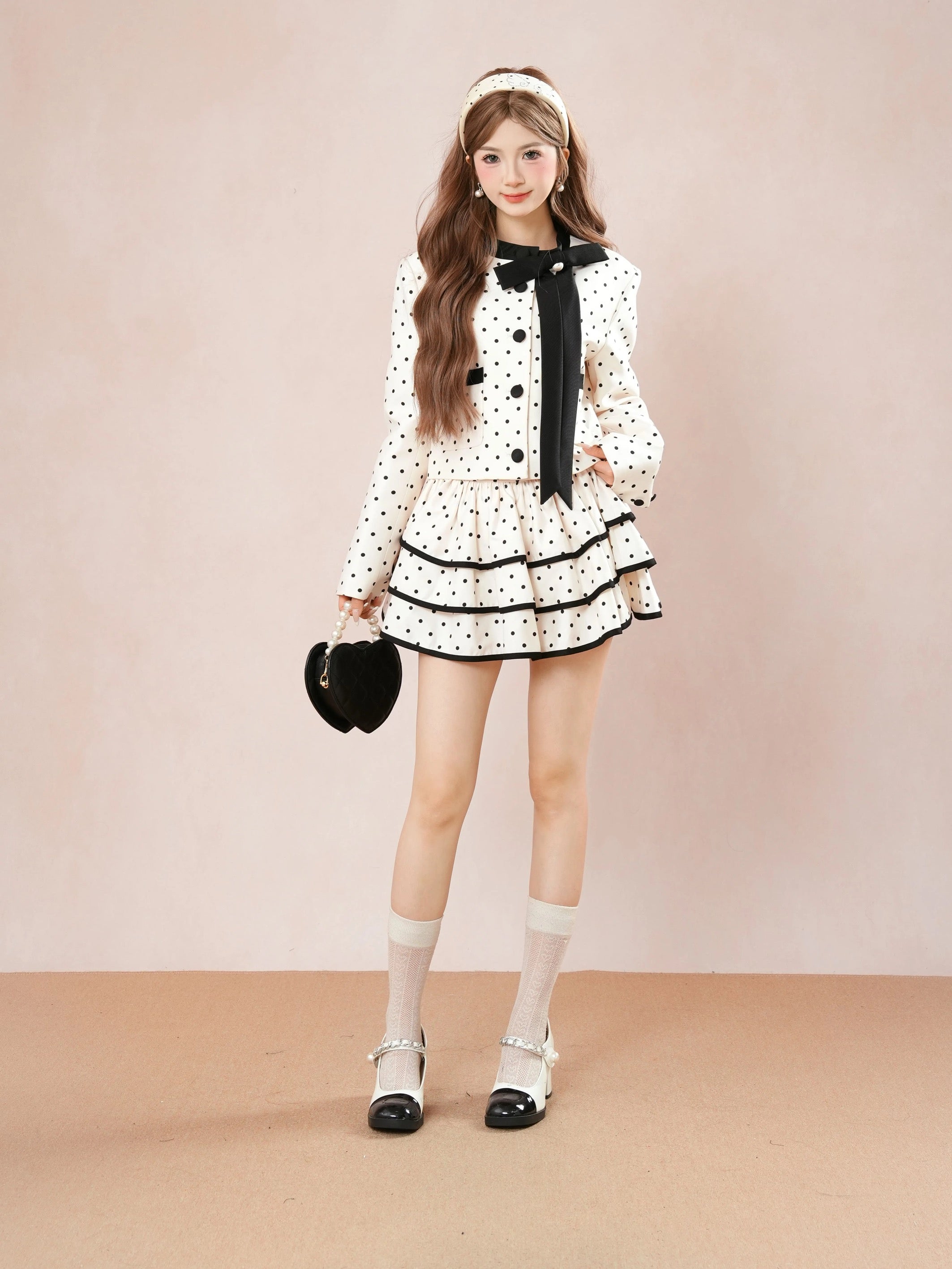 Black Dot Beige Top + Skirt Channe Two Piece Set
