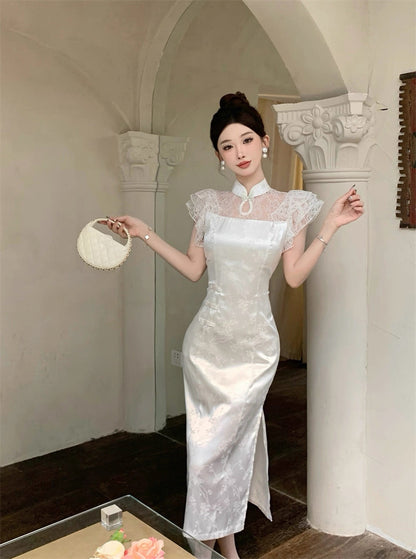 Lace Collar White Cheongsam CD001 Long Dress (S)