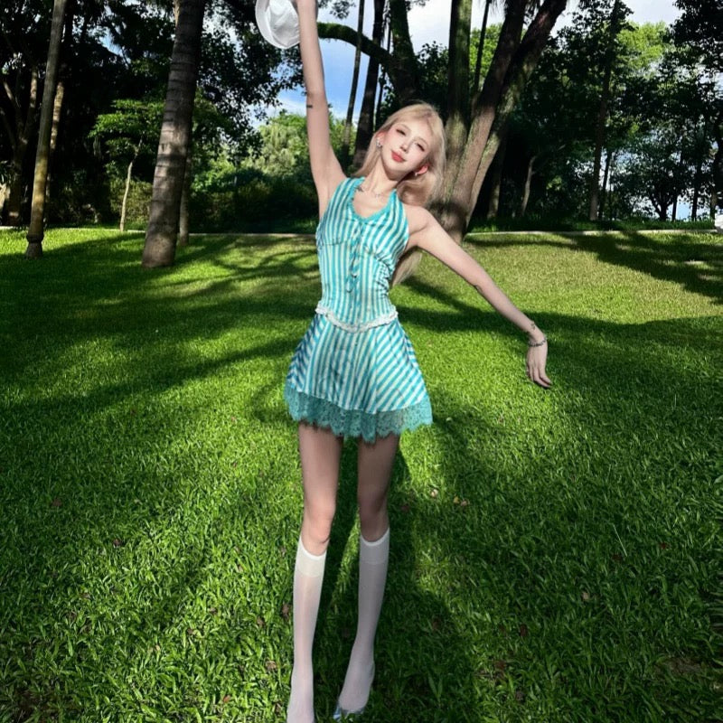 Round Collar Mint Stripe Mini Dress 限量