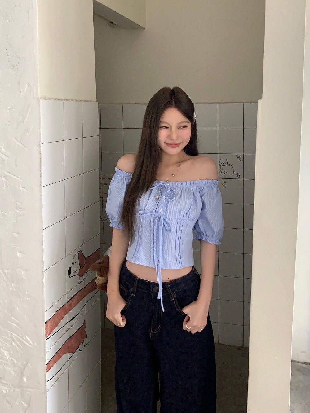 Puff Sleeve Stripe Blue Top