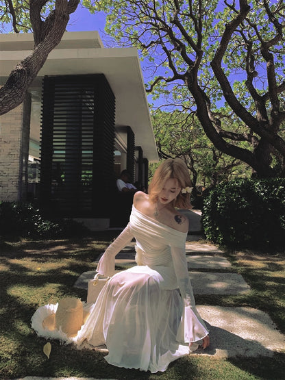 Beige Off Shoulder Mesh Dress