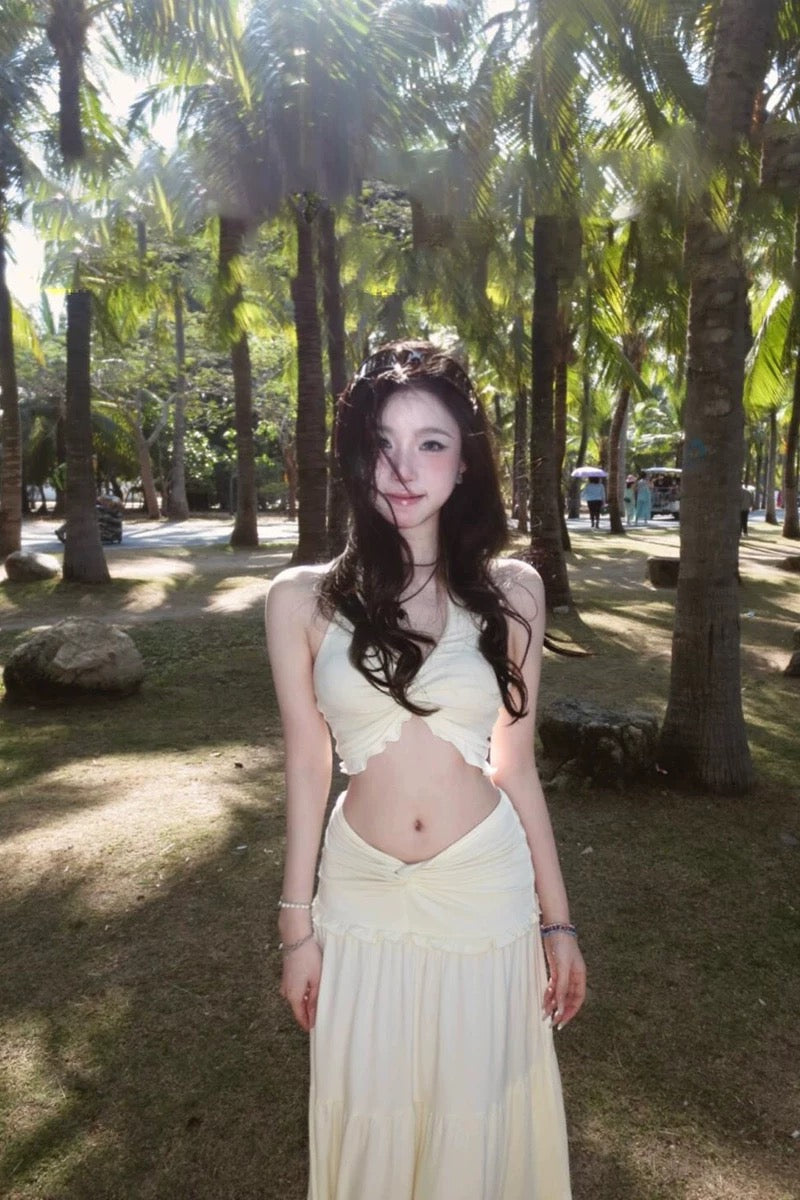 V Collar Top + Long Skirt Two Pieces Set