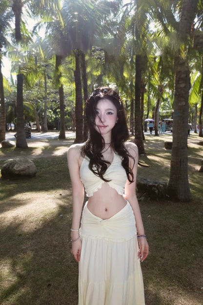 V Collar Top + Long Skirt Two Pieces Set