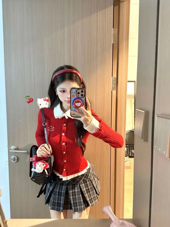 Cute Collar Red Long Sleeve Knitted Top