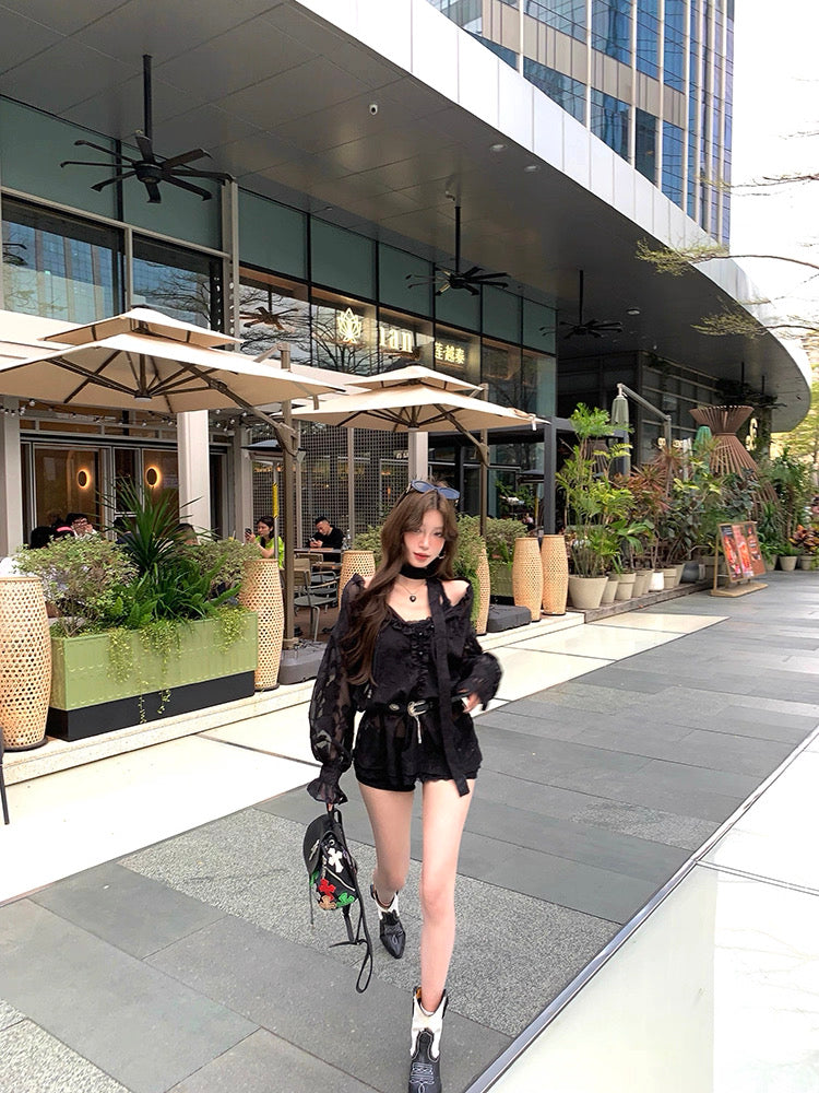 V Collar Lantern Sleeve Thin Top (Black, Red)