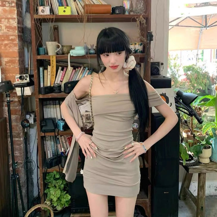 Khaki Off Side Shoulder Tube Dress