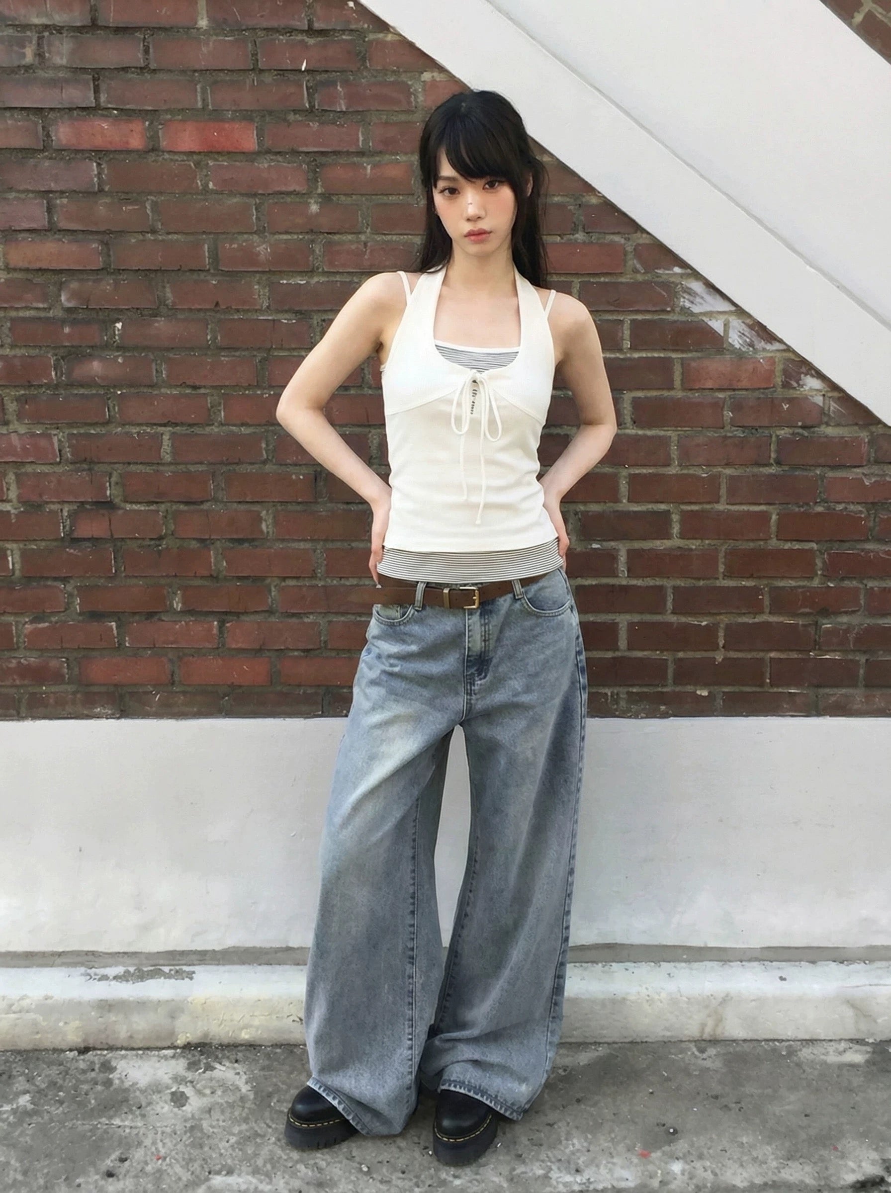 Round Neck Mix Grey Stripe Top