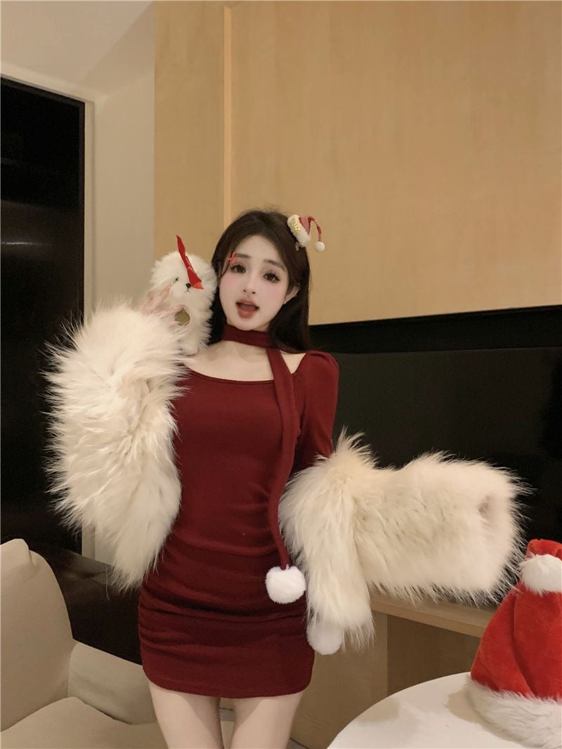 Christmas Wine Red Square Collar Long Sleeve Mini Dress C002