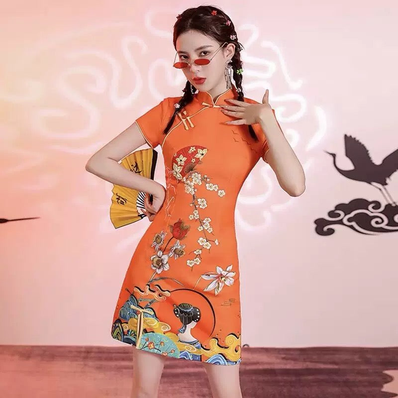 Orange Cheongsam Dress (S, L)