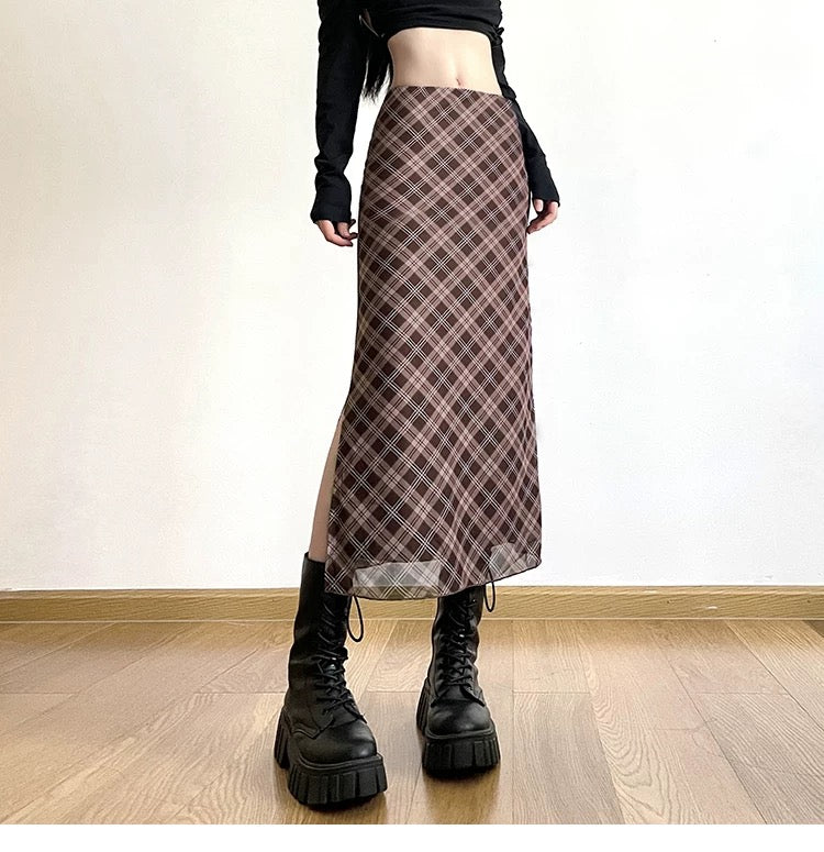 Vintage Grid Mesh Long Skirt (S,M)