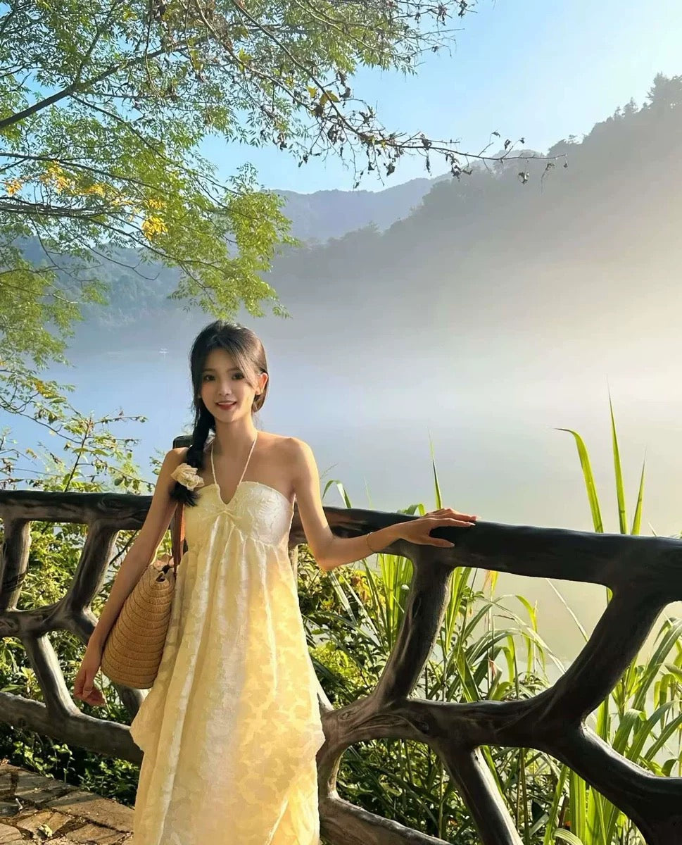 Floral Bareback Beige Tube Long Dress