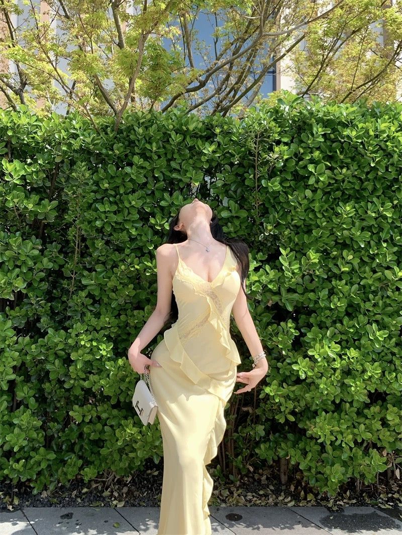 Side Flare Strap Mix Lace Long Dress (Yellow, Black)