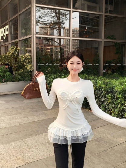 White Ribbon Long Sleeve Knitted Top