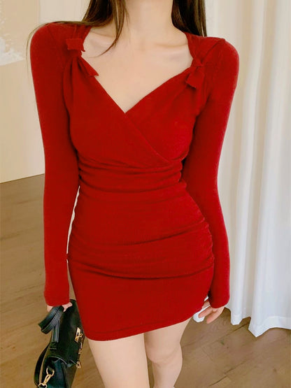 Red V Collar Long Sleeve Mini Dress