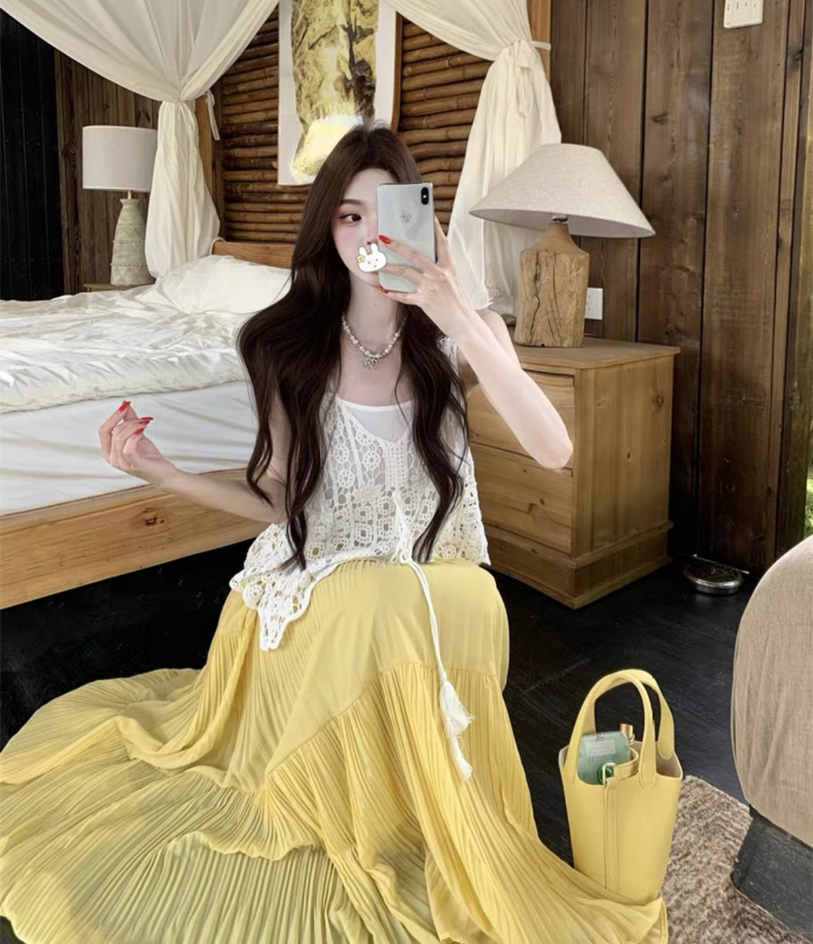 Embroidery White Top + Inner Top + Yellow Skirt Three Piece Set