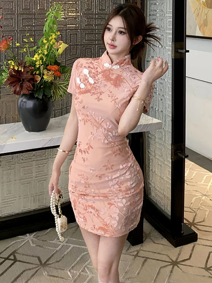 Pink Velvet Cheongsam CD003 Short Dress (S)