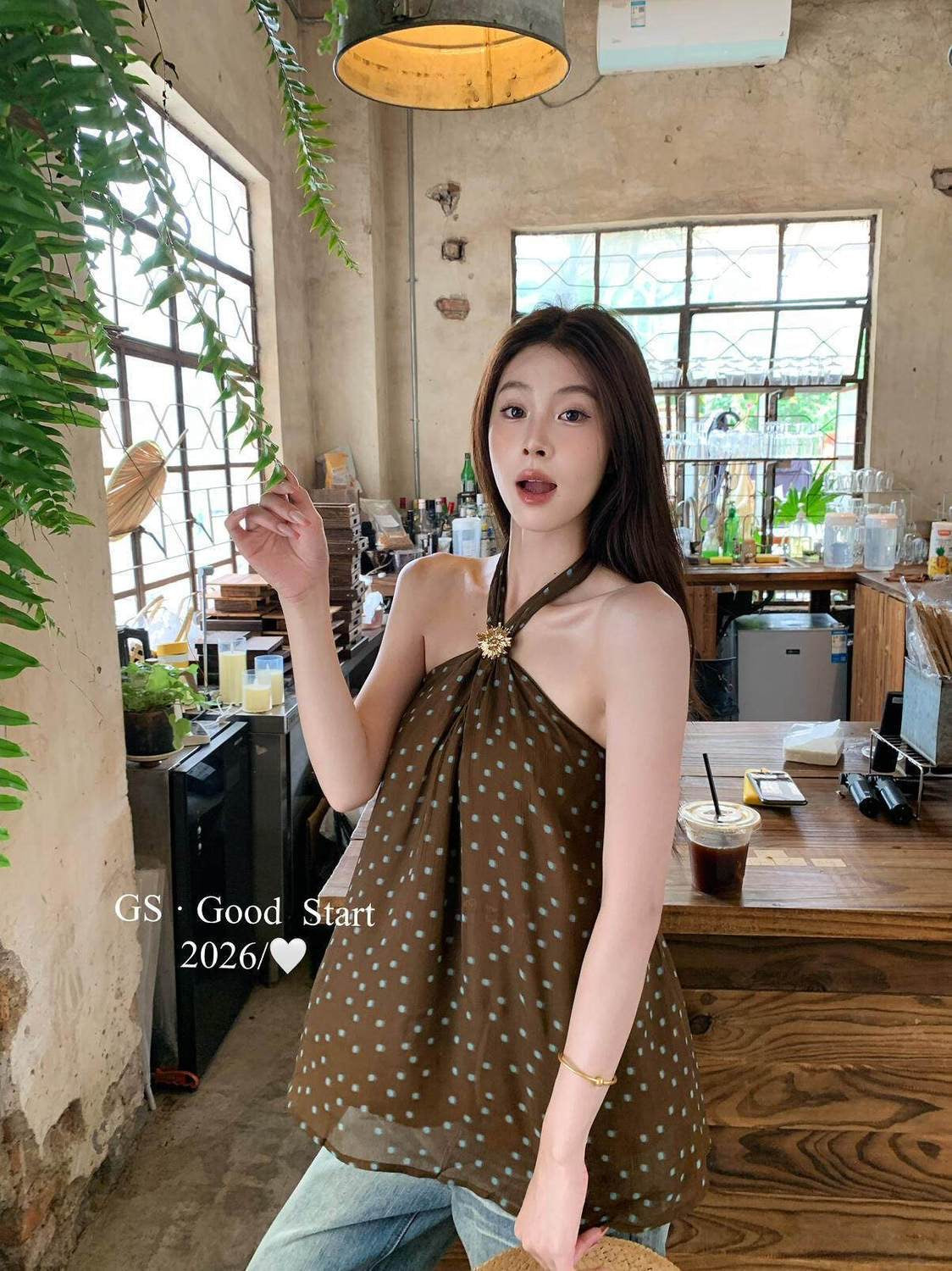 Polka Dot Round Neck Chiffon Long Top
