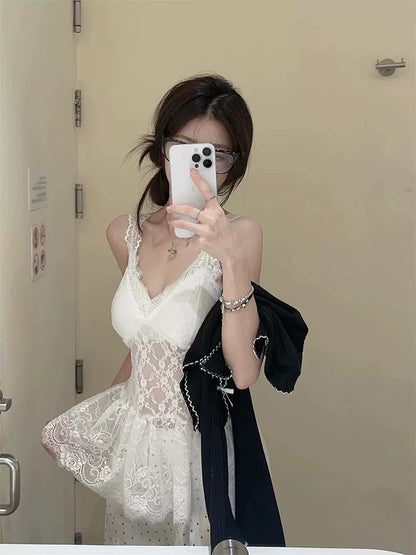 White Ribbon Black Top + White Laces Inner Top Two Piece Set