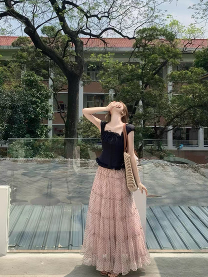 Black Top + Pink Polka Dot Mesh Skirt Two Piece Set