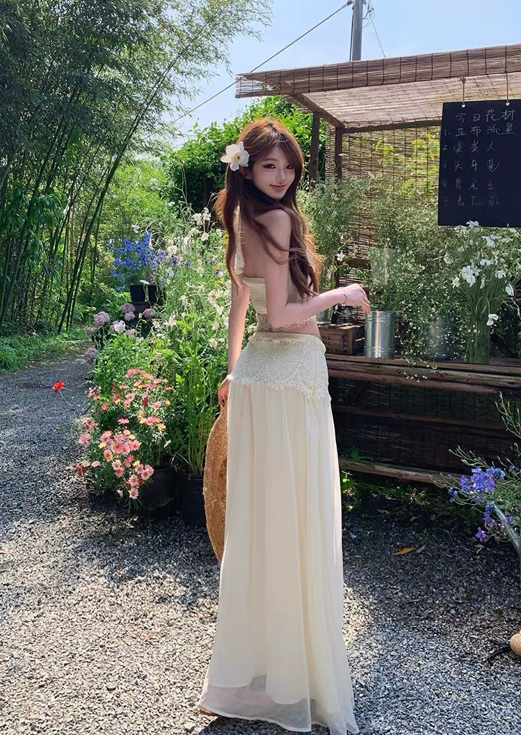 Embroidery Chiffon Two Piece Set (Blue, Beige)