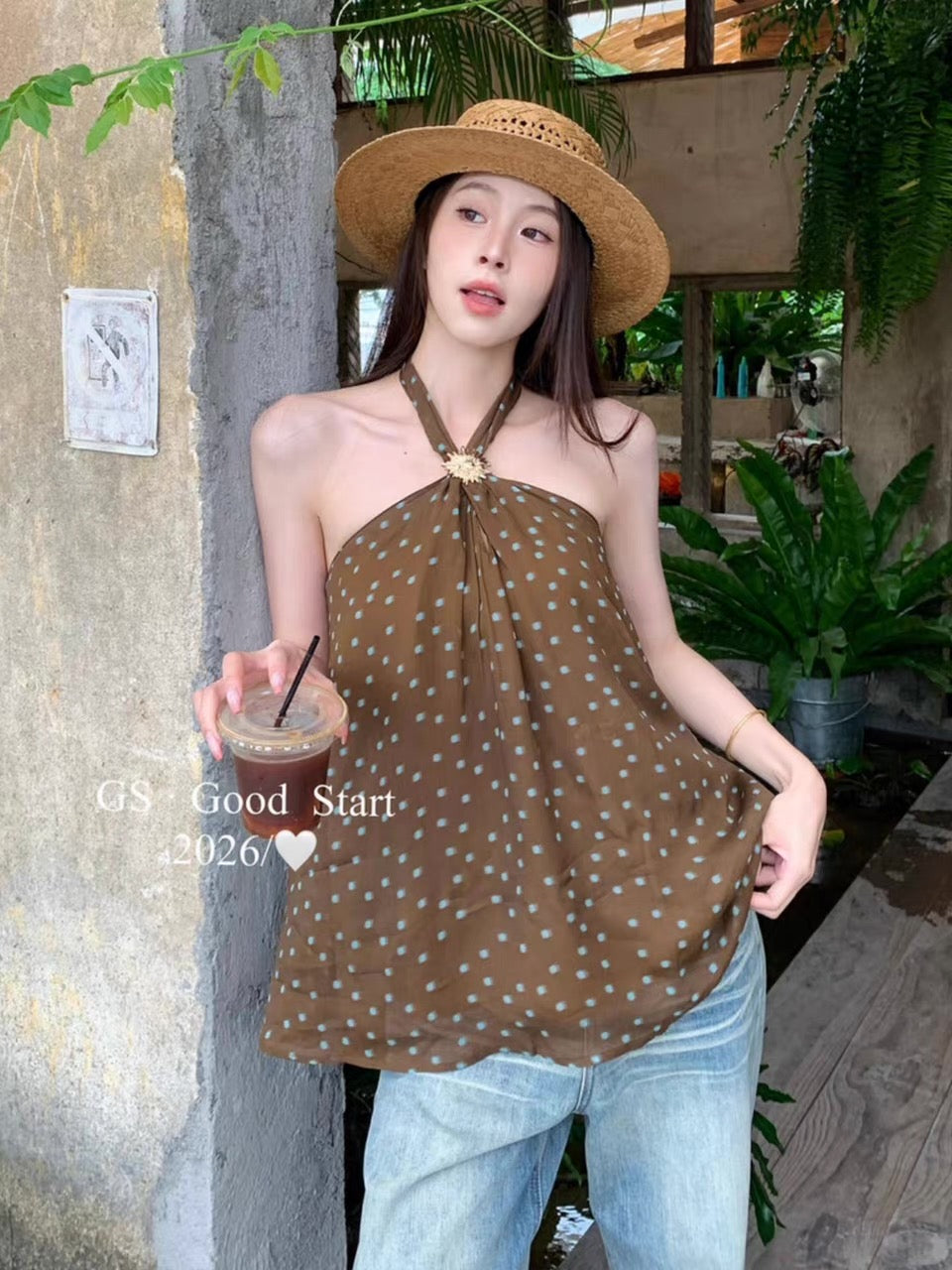Polka Dot Round Neck Chiffon Long Top