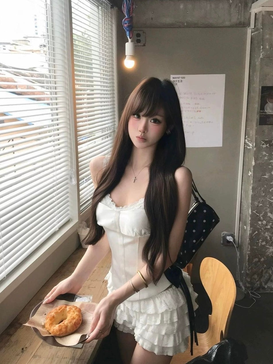 White Lace Mix Silk Top + Shorts