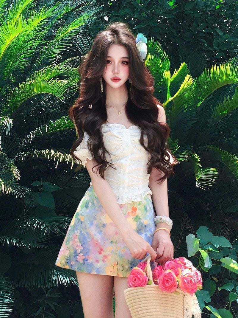 White Top + Floral Skirt Two Piece Set