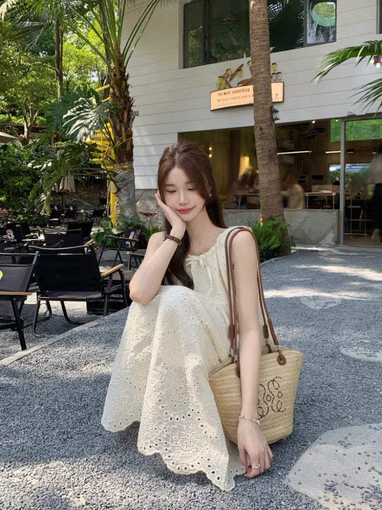 U Collar Embroidery Long Dress (Beige, White)