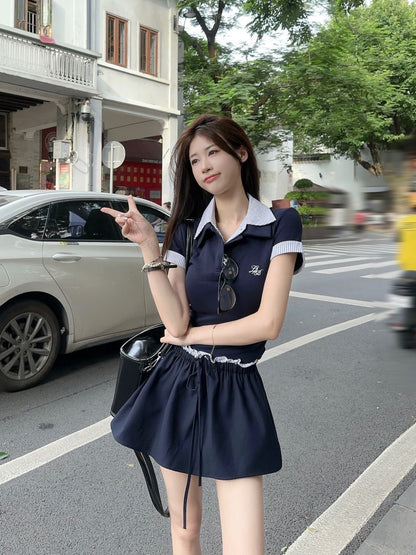 Navy Top + Skirt Two Piece Set (S,M）