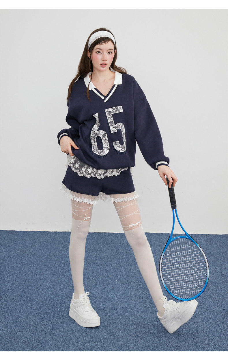 No.65 Premium Navy Sweater Top + Shorts Two Piece Set