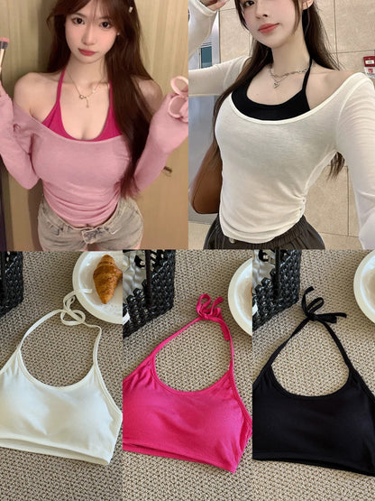 Classic U Collar Strap Top (Pink, White)