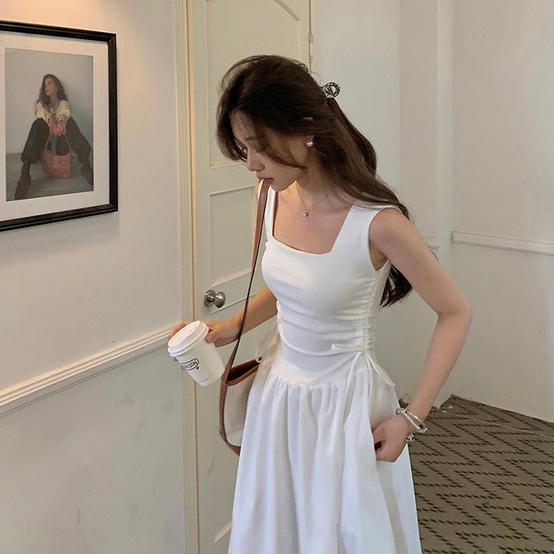 Side Tie Sleeveless White Long Dress
