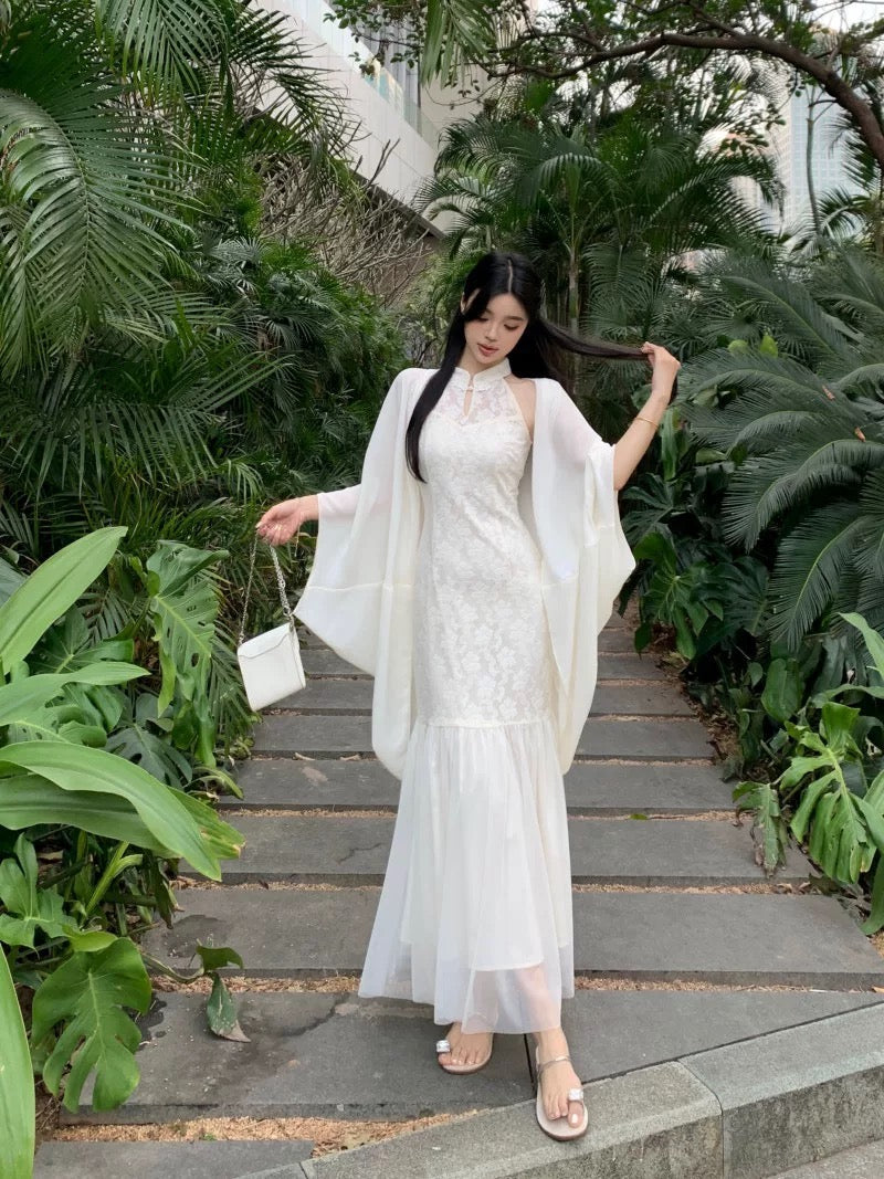 Beige Cheongsam CD022 Long Dress With Cardigan (S, M)