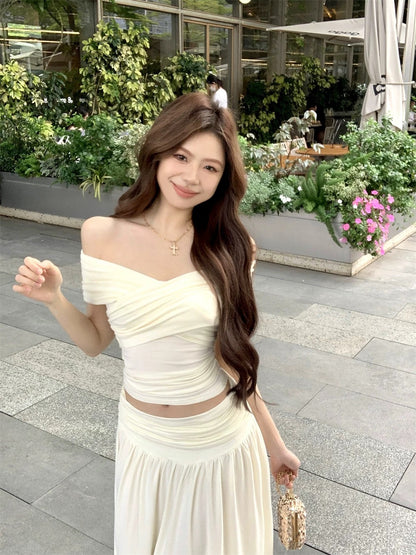 Cream Off Shoulder Top + Long Skirt Two Pieces Set