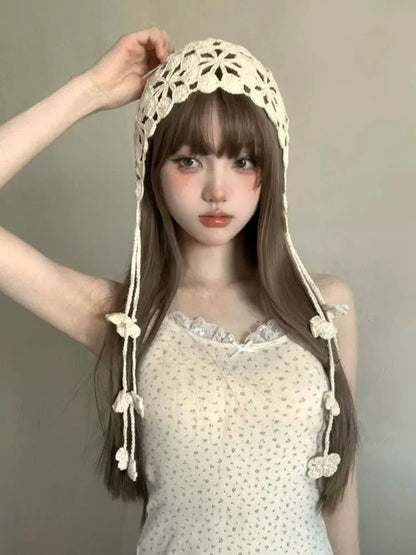 Beige Strap Knitted Embroidery Hat