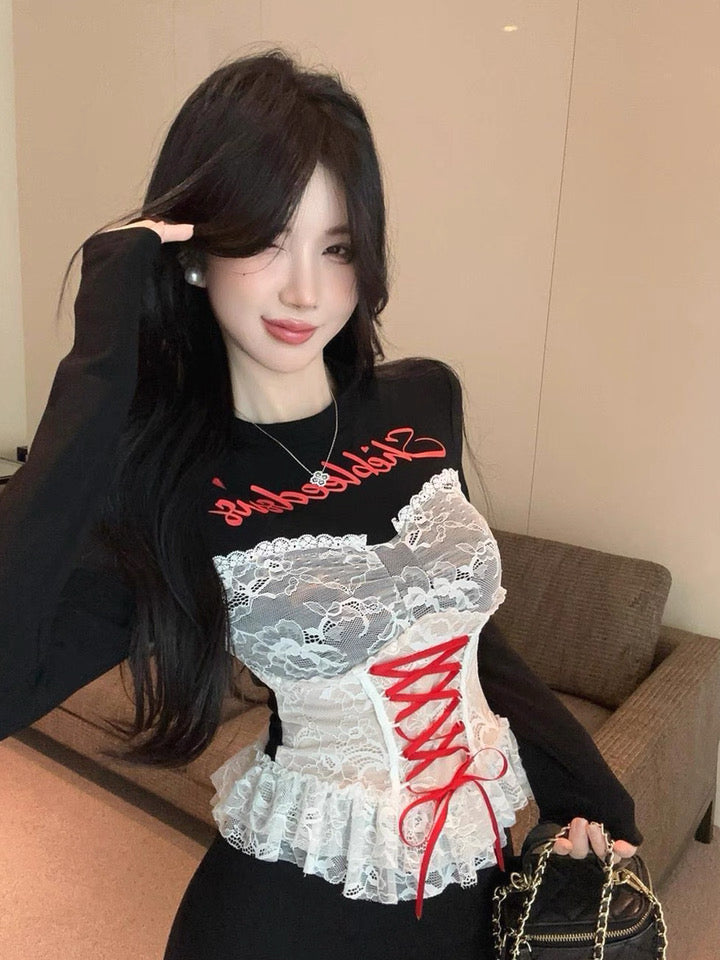 Lace Up Black Long Sleeve Crop Top